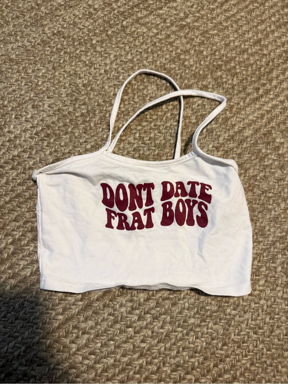 White Graphic Strap Crop Tank Top with Maroon Slogan